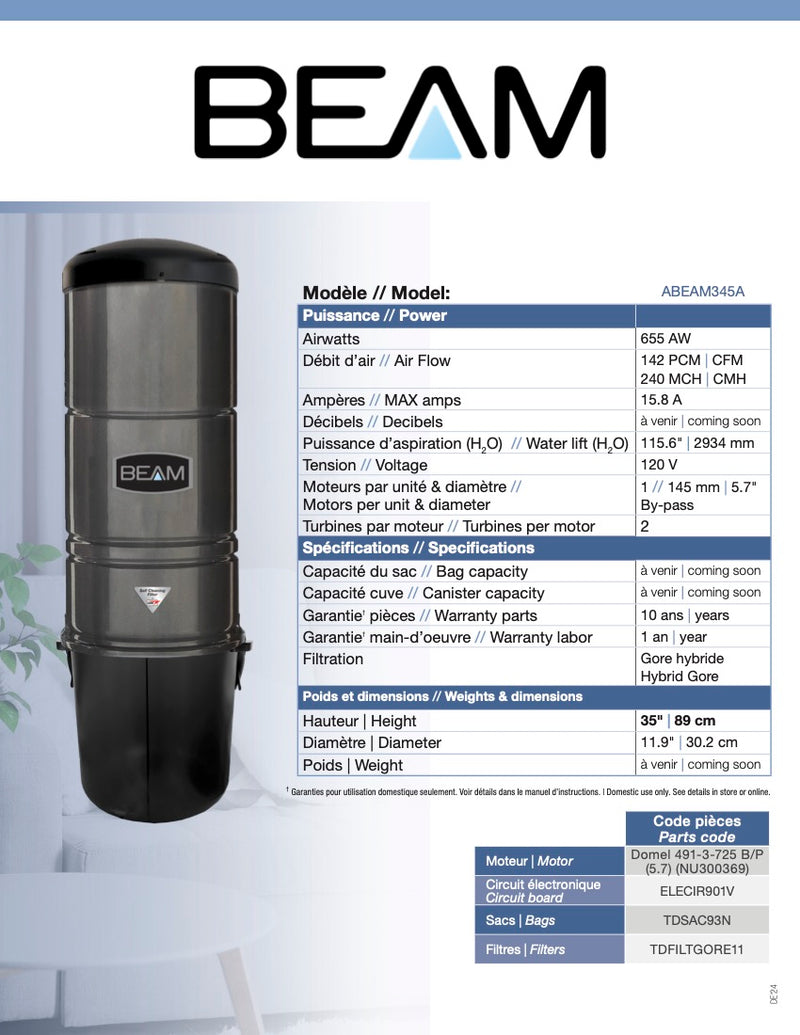 Beam Central Vacuum Canister Model 345A