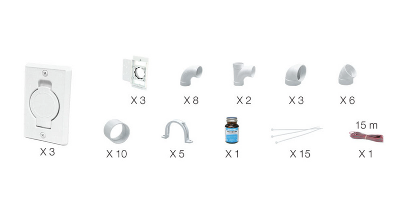 Central Vacuum Installation kit - White Wall Inlets, Fittings, Glue, Wire and Ties