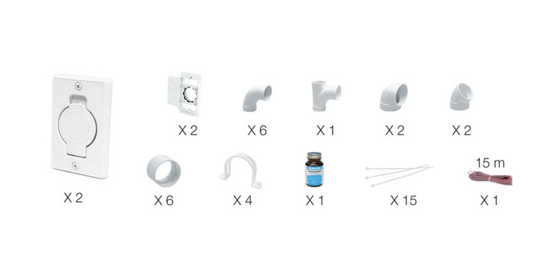 Central Vacuum Installation kit - White Wall Inlets, Fittings, Glue, Wire and Ties