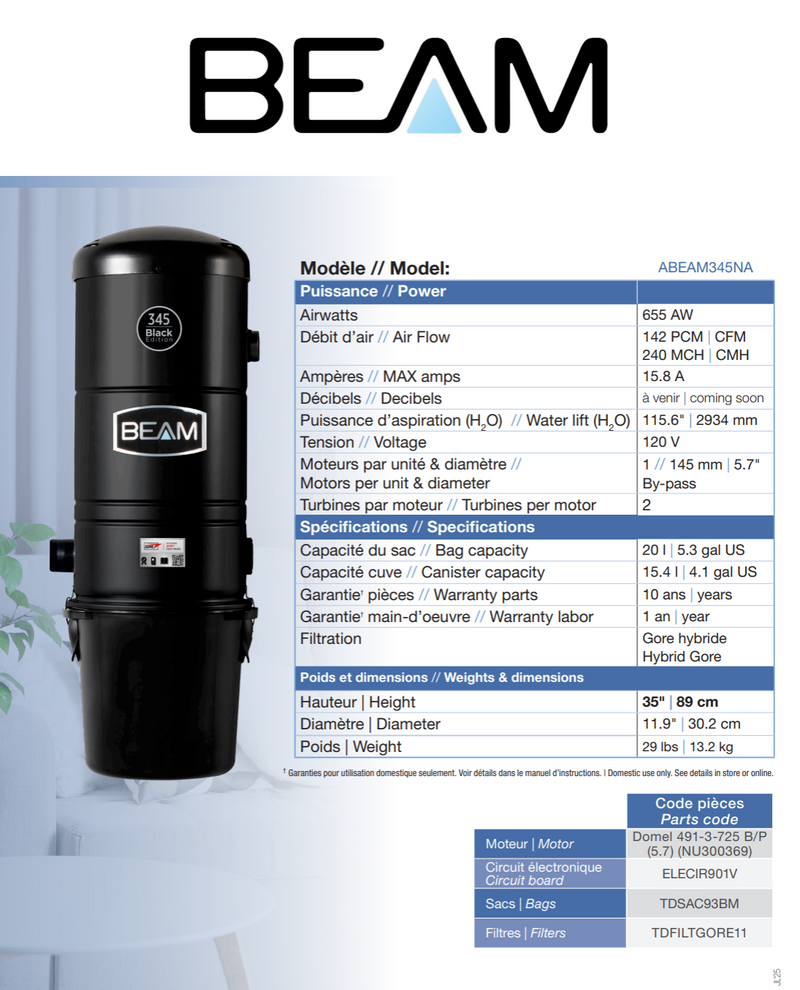 Beam Central Vacuum Canister Model 345A Black Edition